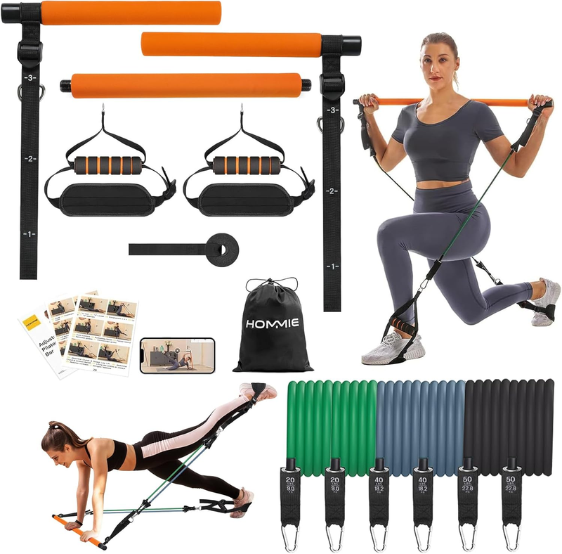 Portable 3-Section Pilates Bar Kit w/ Resistance Bands 20-60lb Full Body10