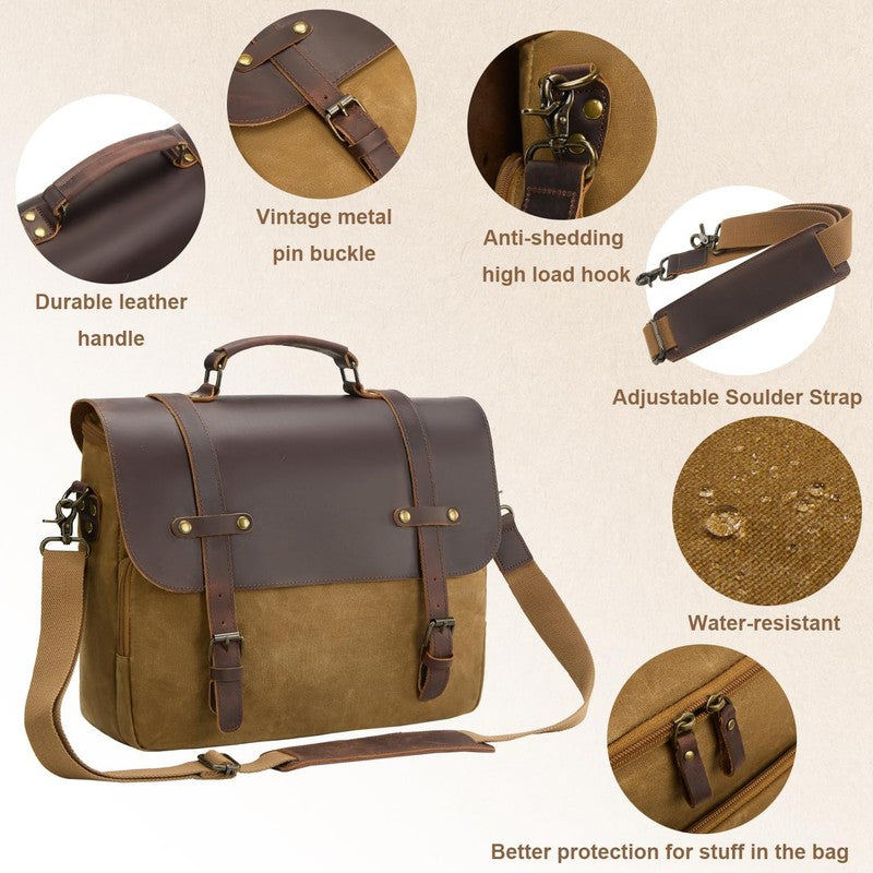 Mens Waxed Canvas Messenger Bag 16 Laptop Briefcase Leather Waterproof Satchel4