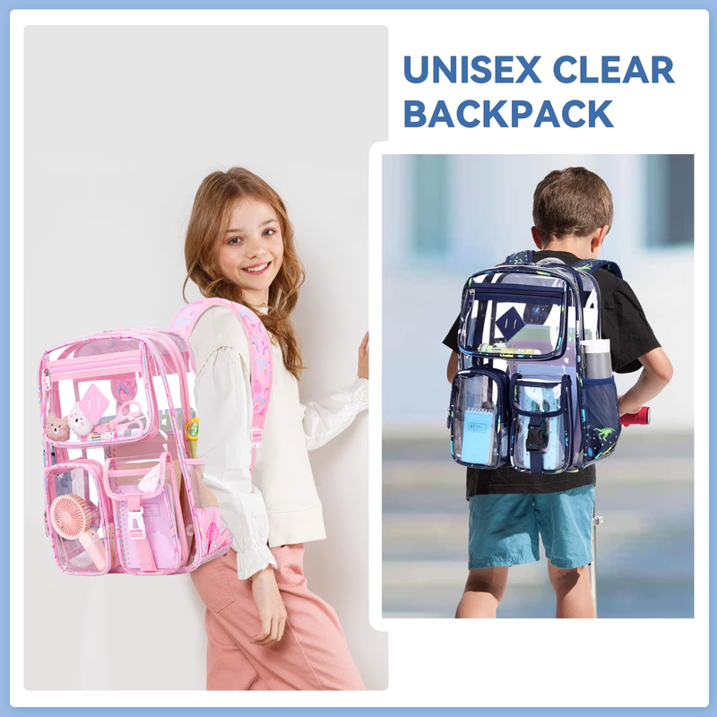 Large Clear Book Bag Waterproof See Through Backpack Navy Dinosaur3
