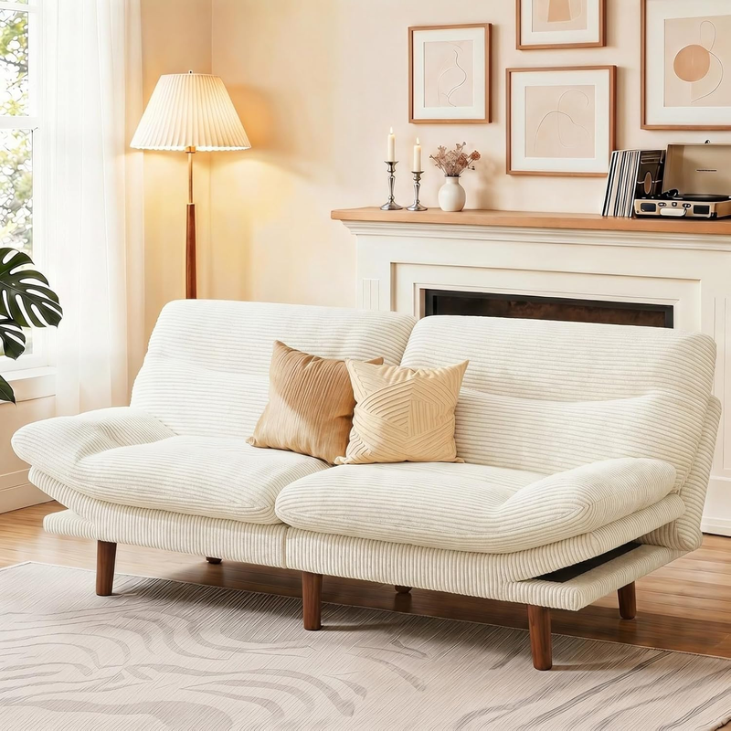 66in Futon Sofa Bed Convertible Corduroy Sleeper Loveseat Adjustable Cream White9