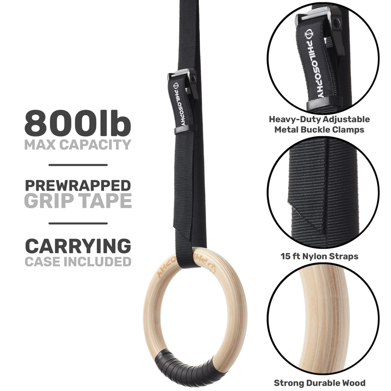 Wood Gymnastic Rings 1.25" Grip   Exercise Ring Set with Adjustable Straps, Grip2