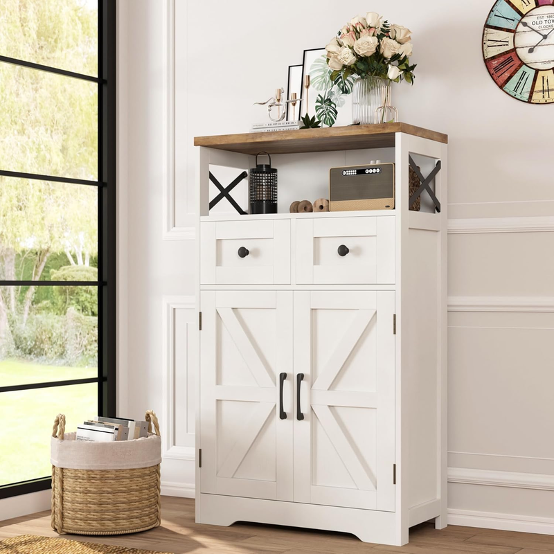 Farmhouse White Storage Cabinet with Doors and Drawers, Freestanding Kitchen Pan9