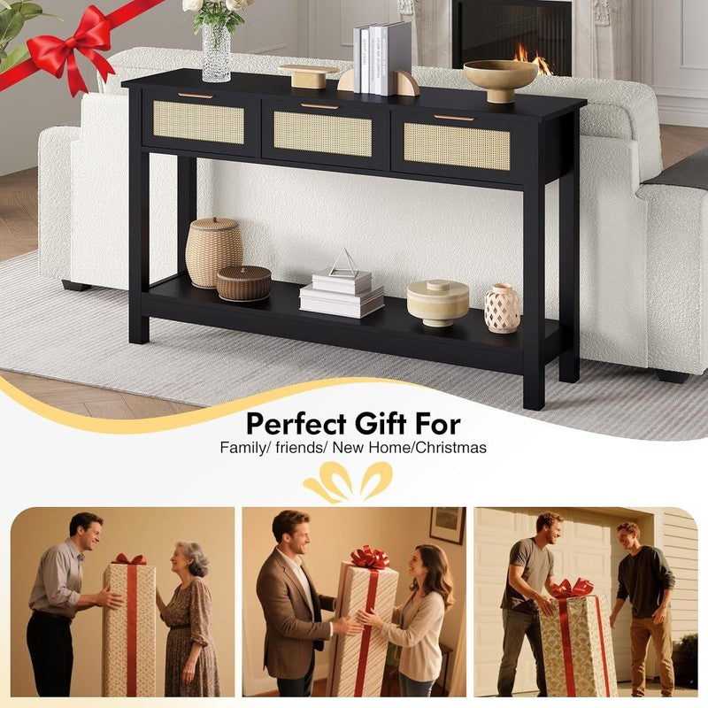 47'' Black Entryway Console Table 3 Rattan Drawers Open Shelf Sofa Table9