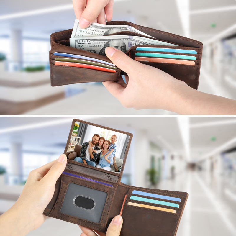 Men's Slim Leather RFID Blocking Bifold Wallet 15 Card Holder 2 ID Windows2