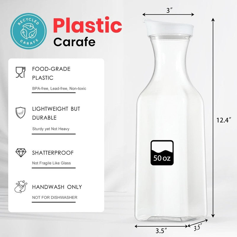 Plastic 50 Oz Water Carafe with Flip Top Lid, Set of 2 Square Base Juice Contain1