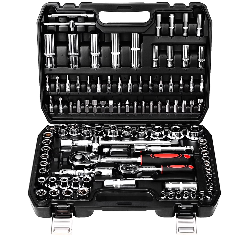 108 Pcs Mechanic Socket Tool Kit，Cr-V Steel Metric and Standard 1/4" & 1/2" Ratc9
