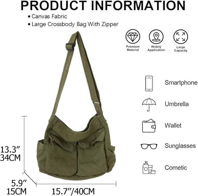 Canvas Messenger Bag Large Hobo Bag Crossbody Shoulder Bag Tote Bag with Pocket 5