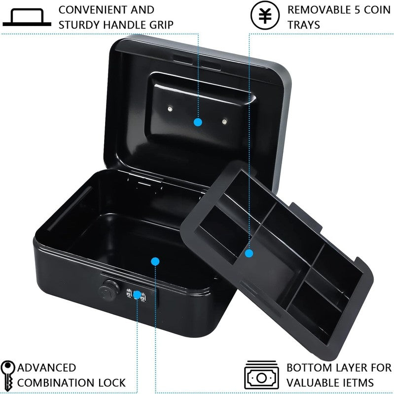Secure Medium Cash Box with Combination Lock & Tray - Black 7.87"x6.30"x3.54"4