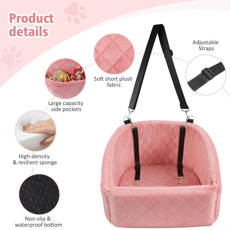 Dog Car Seat Small/Medium Dogs under 30lbs Washable Booster w/ Pockets Pink3