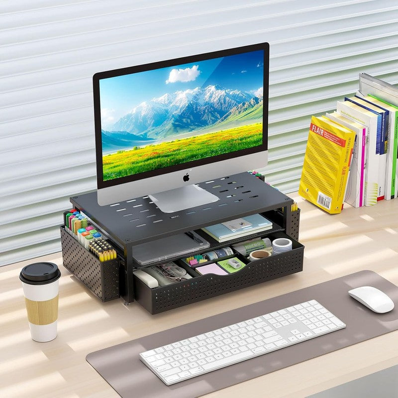 Stylish Black Desk Organizer with Monitor Stand, Drawer & 2 Pen Holders6