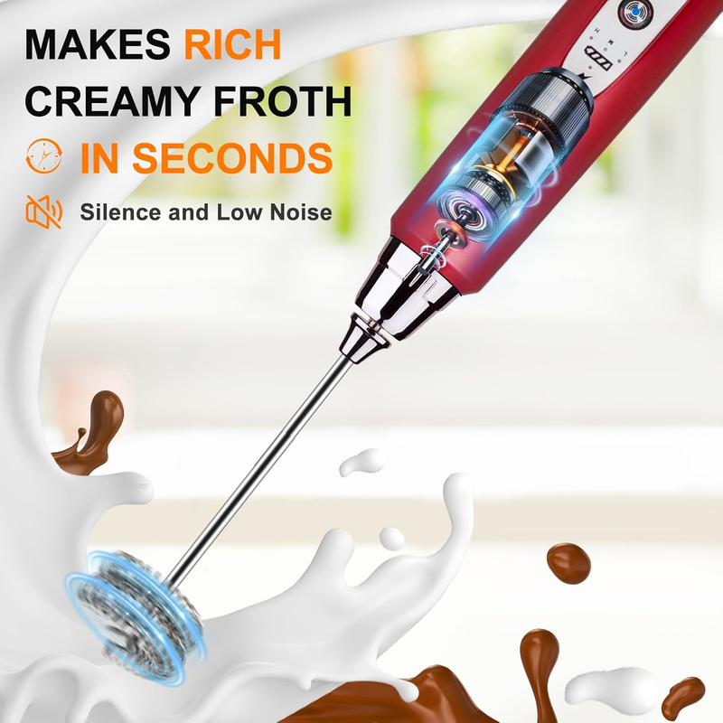 Milk Frother Handheld USB Rechargeable 3 Speed 3 Heads Coffee Whisk Red5