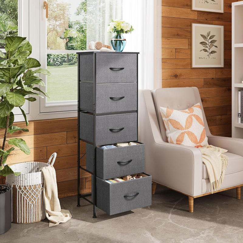 5 Drawer Fabric Dresser Storage Tower Steel Frame Wood Top Dark Grey1