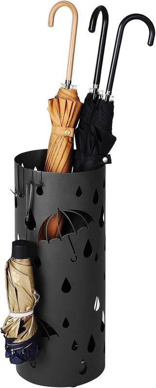 Metal Umbrella Stand Round w/ Water Tray 4 Hooks 16.1" Ink Black ULUC024B018
