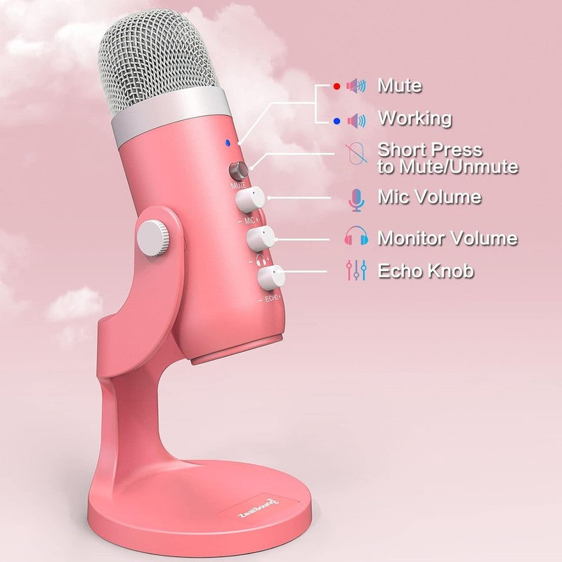 Pink USB Gaming Mic w/ Quick Mute, Echo, Monitor Volume PC Phone K664
