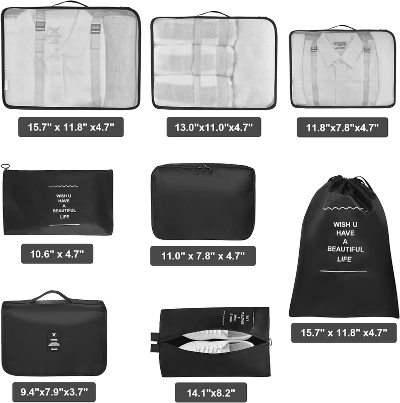 Packing Cubes 9 Set Travel Organizers Clothes Shoes Toiletry Bag Black5
