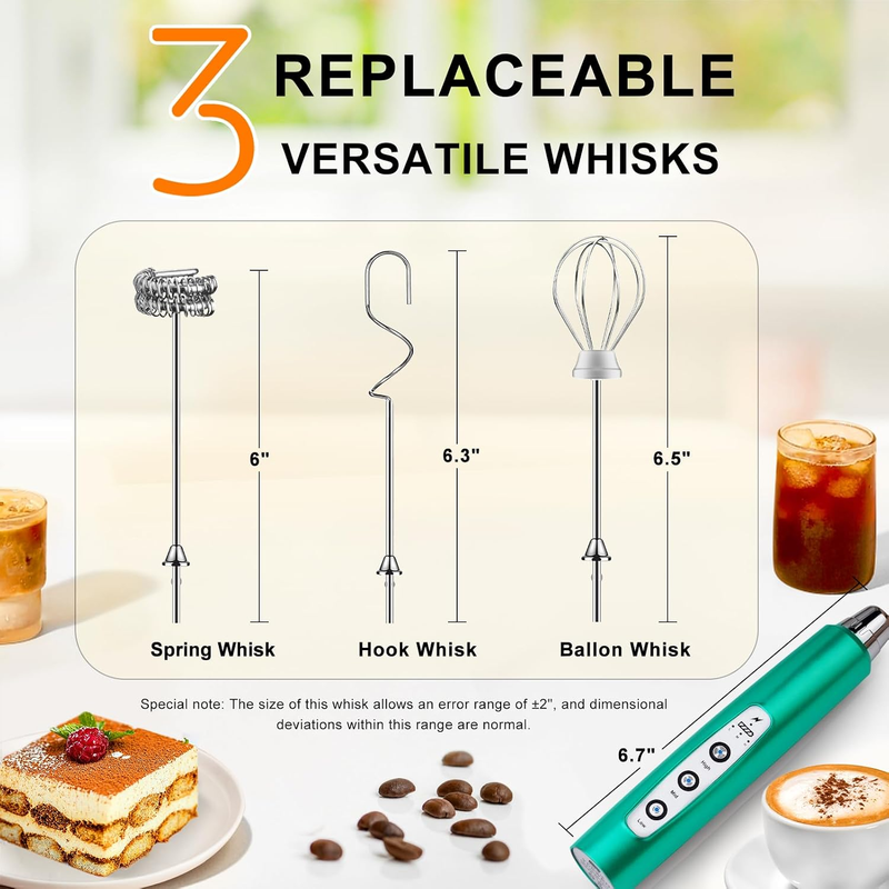 Milk Frother Handheld Rechargeable 3 Speed 3 Heads Coffee Whisk Turquoise3