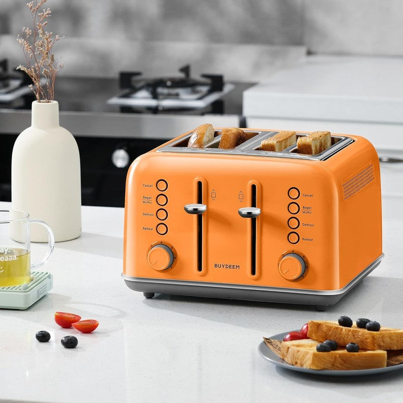 Retro 4 Slice Toaster 1800W Extra Wide Slots 7 Shade Bagel Stainless Orange7