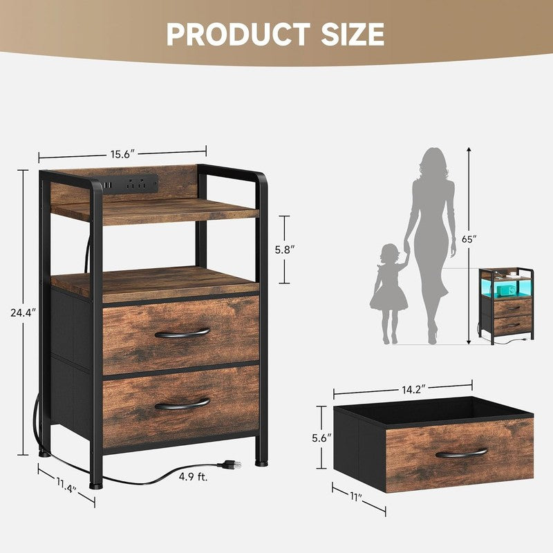 Nightstand w/ Charging Station LED Light 2 Fabric Drawers USB & AC Outlets Brown2
