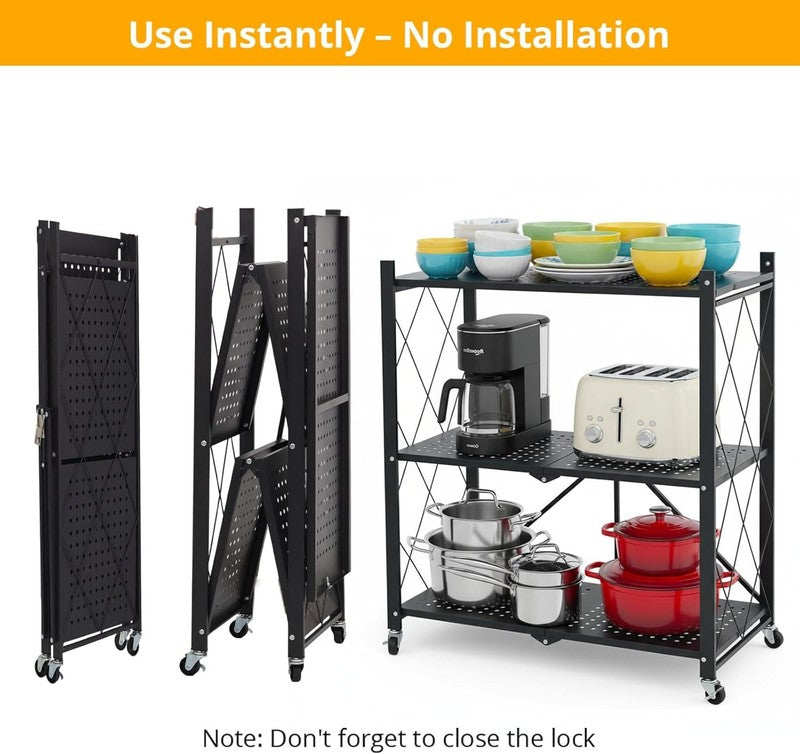 3 Tier Foldable Storage Shelf w Wheels Heavy Duty Metal Rolling Rack Black2