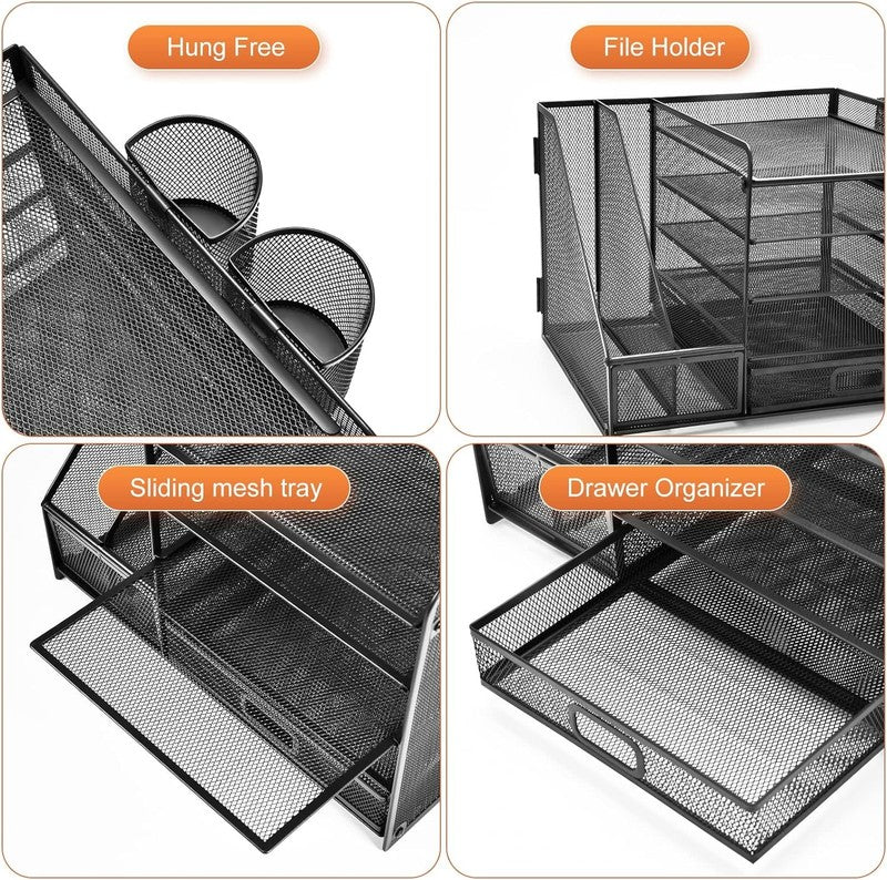 5-Tier Desk Organizer with Drawer & Pen Holders - Black Mesh Storage Solution3