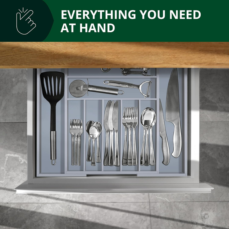 Bamboo Kitchen Drawer Organizer 9 Slot Silverware Utensil Tray Gray2