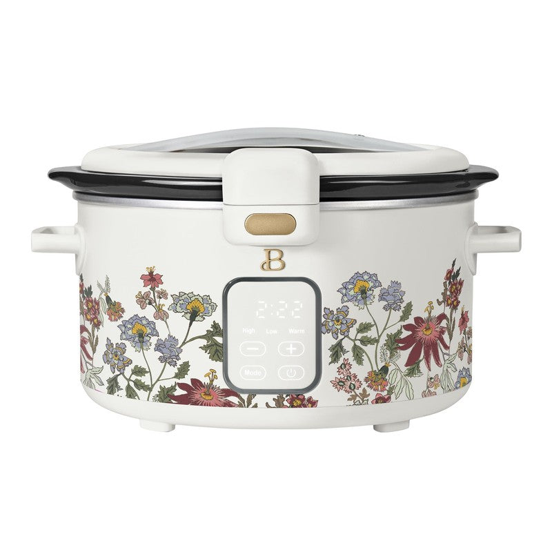 Drew Barrymore 4Qt Digital Slow Cooker Hinged Locking Lid Wildflower White0