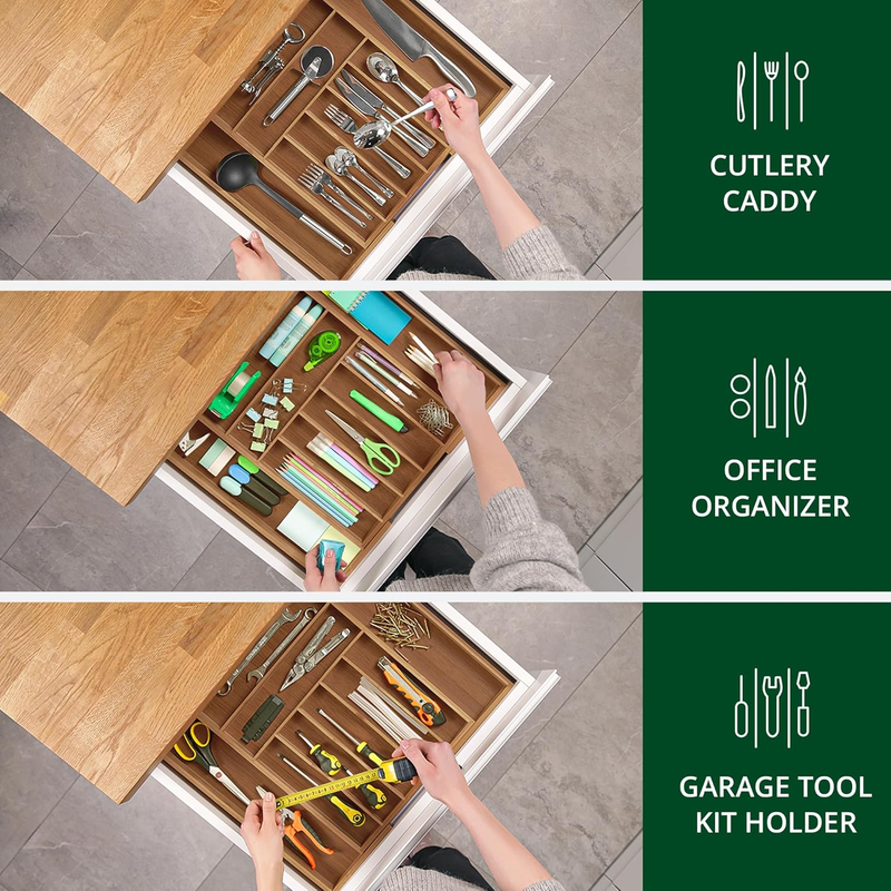 Bamboo Kitchen Drawer Organizer 9 Slot Silverware Utensil Cutlery Tray7