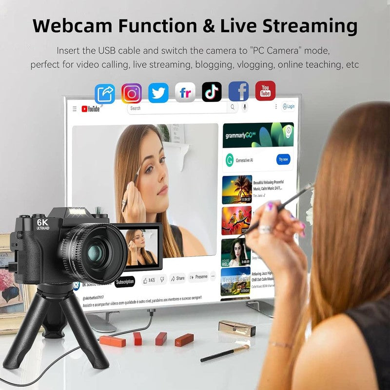 6K Digital Camera 64MP Vlogging WiFi 180° Flip Screen 16X Zoom 32GB Black2