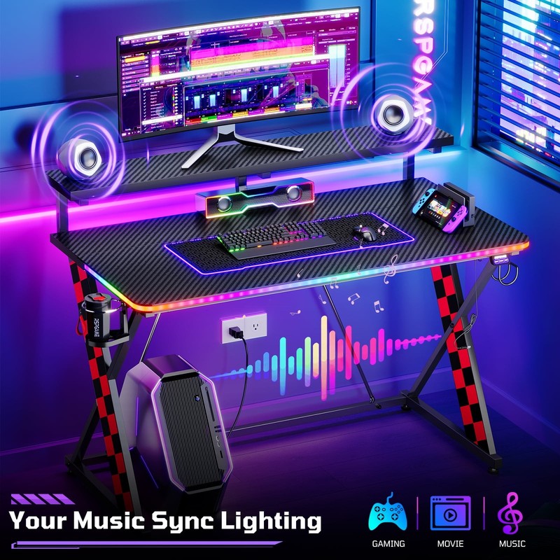 43" X-Shaped Gaming Desk Music Sync LED with Monitor Stand Red Racing6