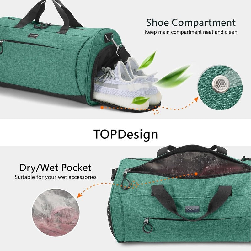 Gym Bag Unisex Duffel Shoe Compartment Wet Pocket Travel Sports Textured Green M5
