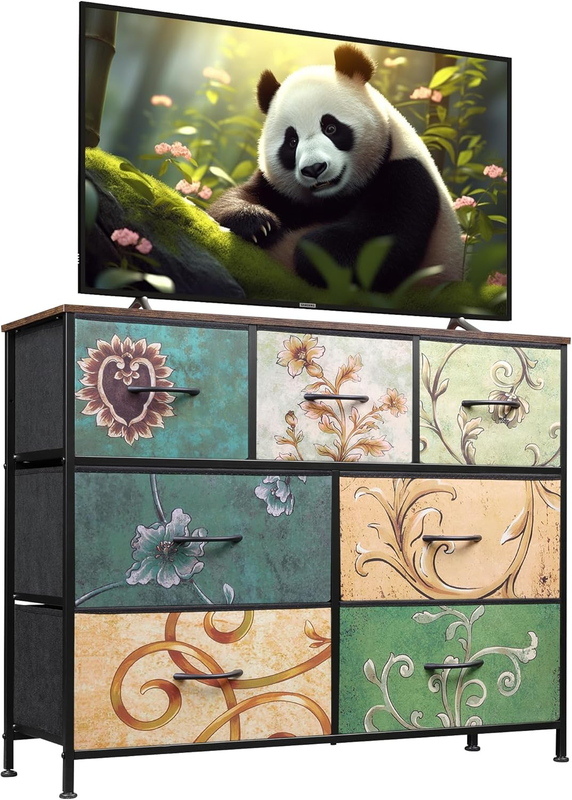 7 Drawer TV Stand Dresser Floral Painted Metal Frame Wood Top Storage Chest10