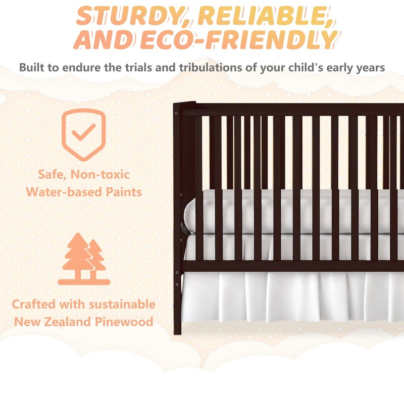 5 In 1 Convertible Crib, Espresso Baby Bed, Converts from Baby Crib to Toddler B2