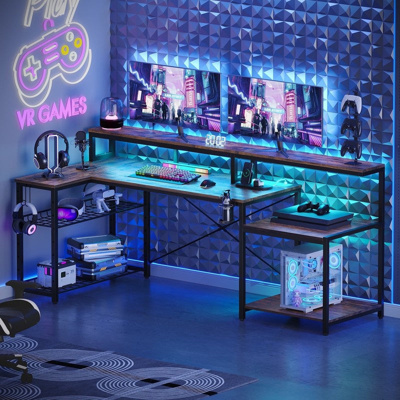 71" L-Shaped Gaming Desk LED with Power Outlets, Monitor Stand Rustic7