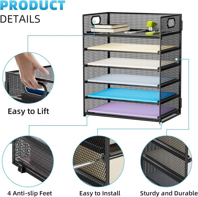 6 Tier Paper Organizer Letter Tray - Mesh Desk File Organizer with Handle, Paper2