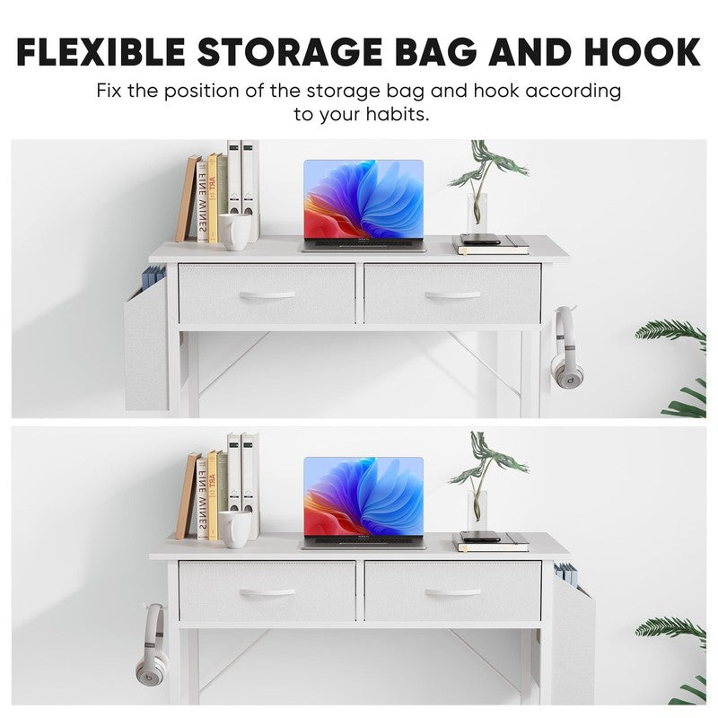 Small Desk with Fabric Drawers & Storage Bag Iron Hook, Home Office Computer Des5