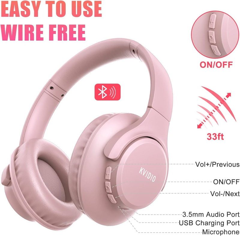 Bluetooth Over Ear Headphones 65H Playtime Wireless Headset Mic Bass7