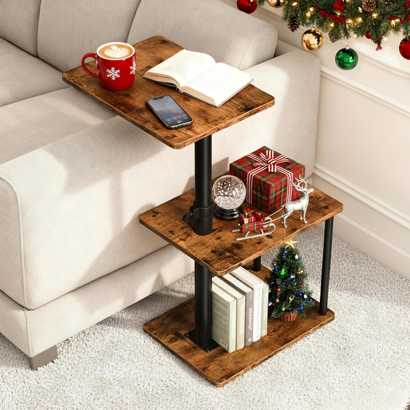 360° Swivel C Side Table 3-Tier Nightstand with Shelf Rustic Brown9