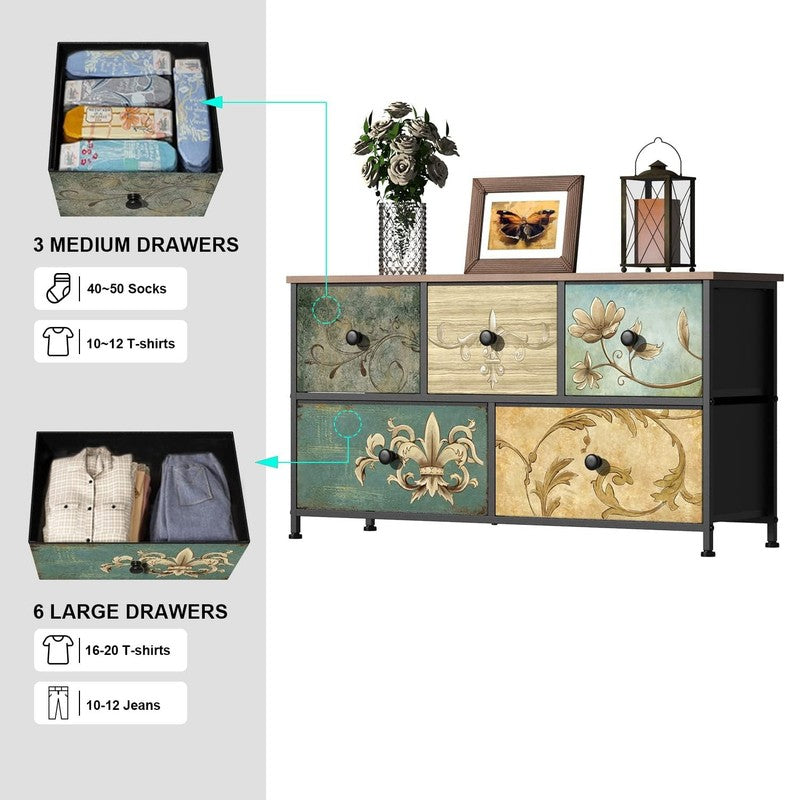 5 Drawer Fabric Dresser Retro Floral Chest Storage Organizer for Bedroom Closet3