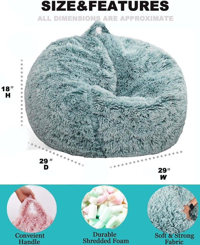 Fluffy Bean Bag Chair for Kids 2.5FT Memory Foam Faux Fur Dark Green2
