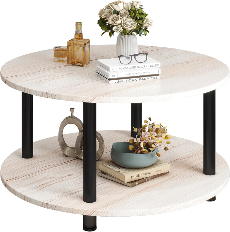 Round 2 Tier Coffee Table with Storage 23.6" Metal Frame, Oak10