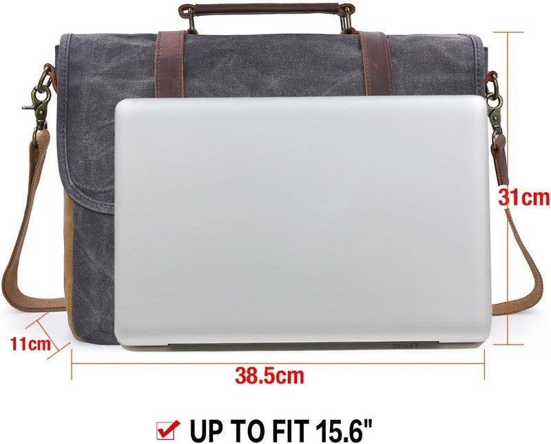 Mens Messenger Bag 15.6" Leather Canvas Waterproof Vintage Laptop Grey6