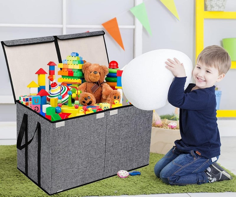 Large Kids Toy Box Chest Storage Organizer Collapsible Bins Double Lid Grey6