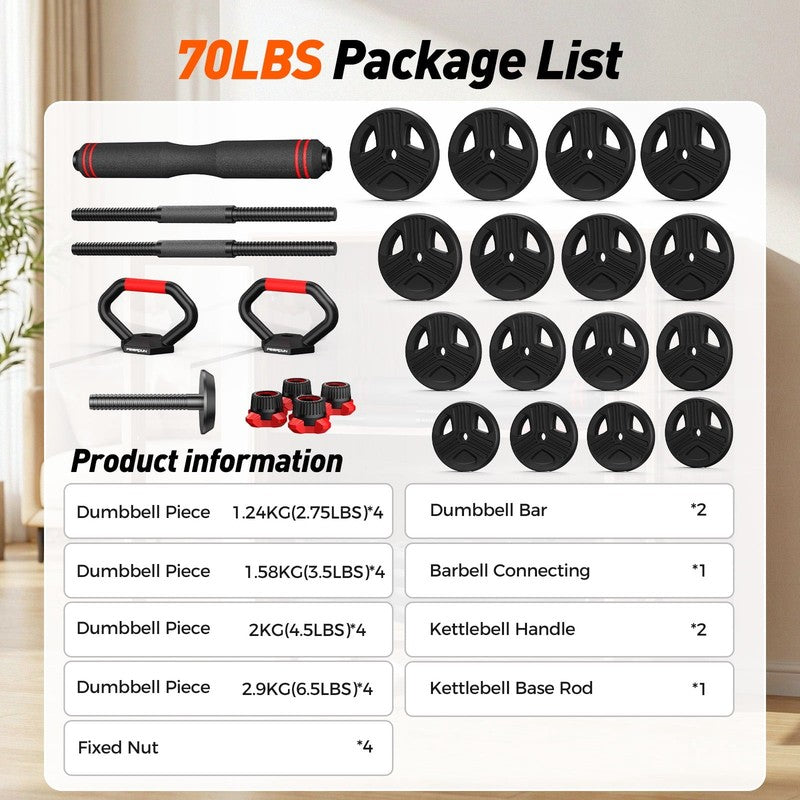 70Lbs Free Weight Set with Connector, 5 In1 Dumbbells Set Used as Barbell, Kettl1