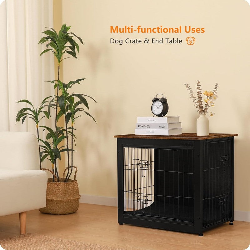 Dog Crate Furniture Table w/Cushion Wooden Kennel Double Door 27.2" Black/Brown6