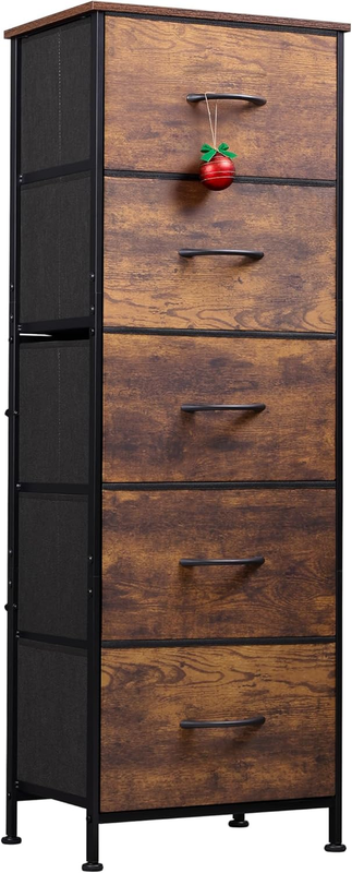 5 Drawer Fabric Dresser Storage Tower Steel Frame Wood Top Rustic Brown8
