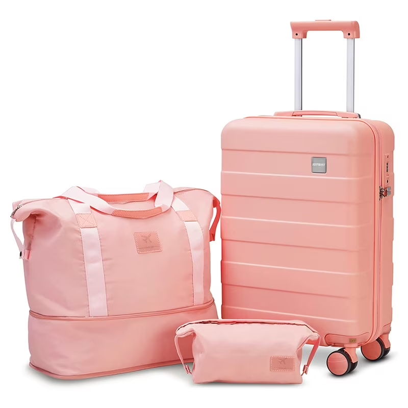 3 Piece 20" Carry On Luggage Set TSA Lock Spinner Wheels Duffel & Toiletry Pink10