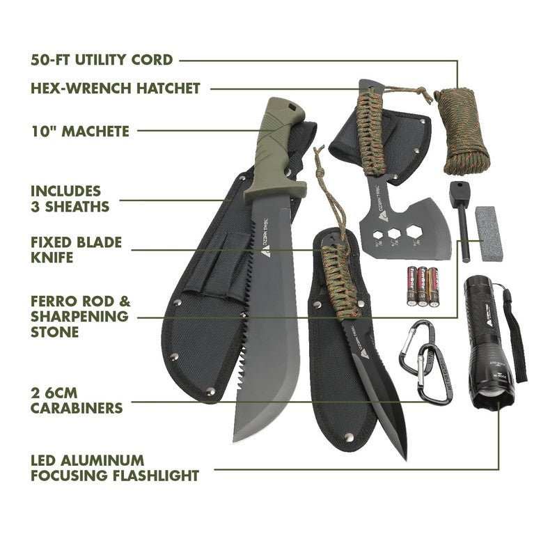 12Pc Camping Multitool Set with Flashlight Machete Knife6