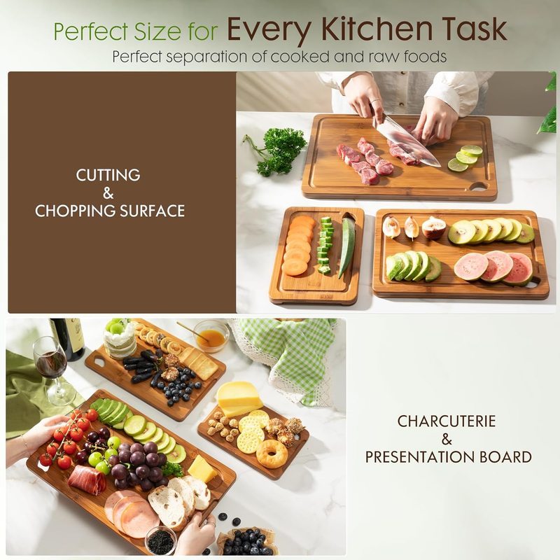 Bamboo Cutting Boards Set with Stand Reversible Juice Groove Handles1