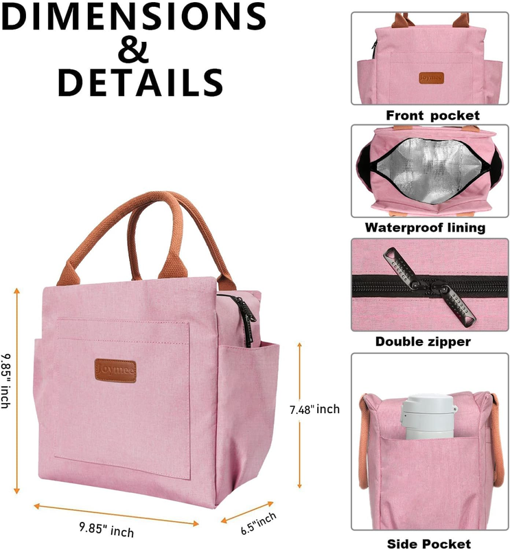 Insulated Lunch Bag for Women Men Large Reusable Tote w/ Bottle Holder Pink1