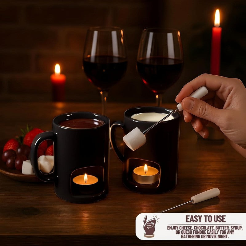 Mini Fondue Mug Set (2 Pack), Ceramic, 4 Forks, 8 Candles, Chocolate/Cheese Gift3